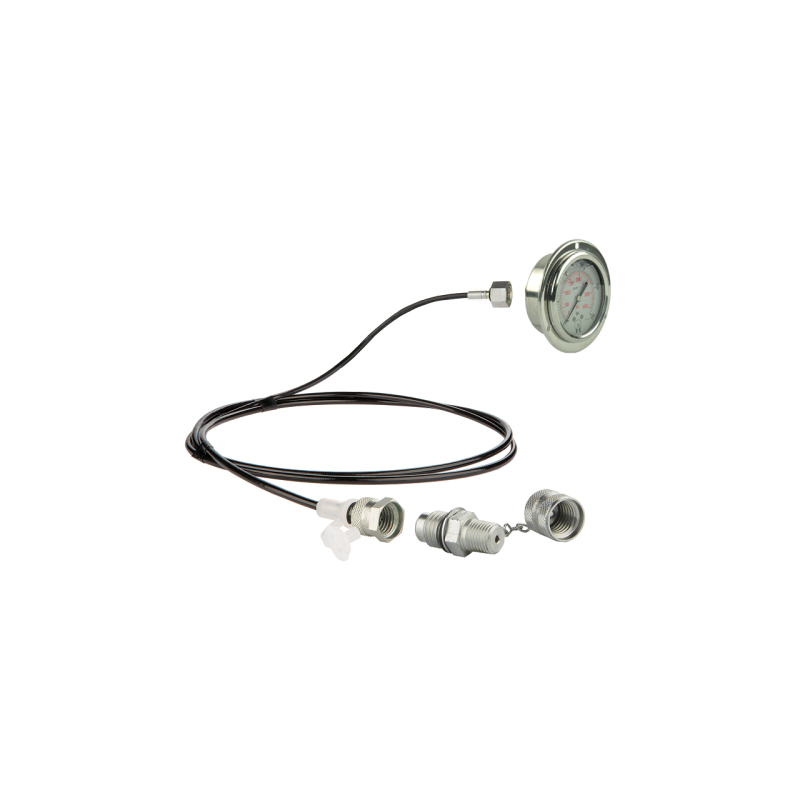 Serviso rinkinys alyvos slėgiui matuoti ir hidraulinės sistemos diagnostikai. 250 barų slėgio matuoklis + 2000 mm žarna su 1/4 c
