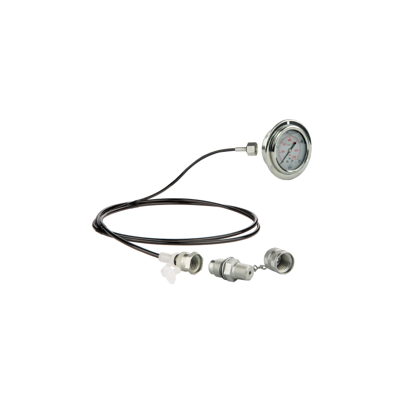 Serviso rinkinys alyvos slėgiui matuoti ir hidraulinės sistemos diagnostikai. 400 barų slėgio matuoklis + 1000 mm žarna su 1/4 c