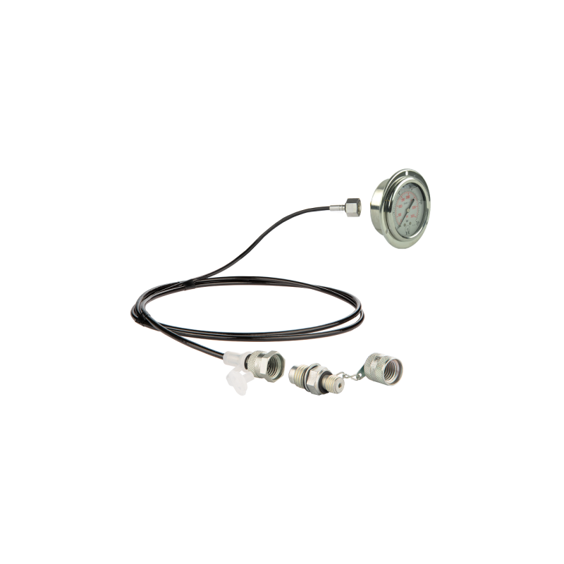 Serviso rinkinys alyvos slėgiui matuoti ir hidraulinės sistemos diagnostikai. 250 barų slėgio matuoklis + 2000 mm žarna su M14x1