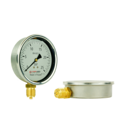 Lenkijoje pagamintas glicerino manometras, kurio ciferblato skersmuo 100 mm, slėgio matavimo diapazonas 0–25 barai