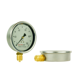 Lenkijoje pagamintas glicerino manometras, kurio ciferblato skersmuo 100 mm, slėgio matavimo diapazonas 0–100 barų