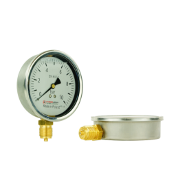 Lenkijoje pagamintas glicerino manometras, kurio ciferblato skersmuo 100 mm, slėgio matavimo diapazonas 0–10 barų