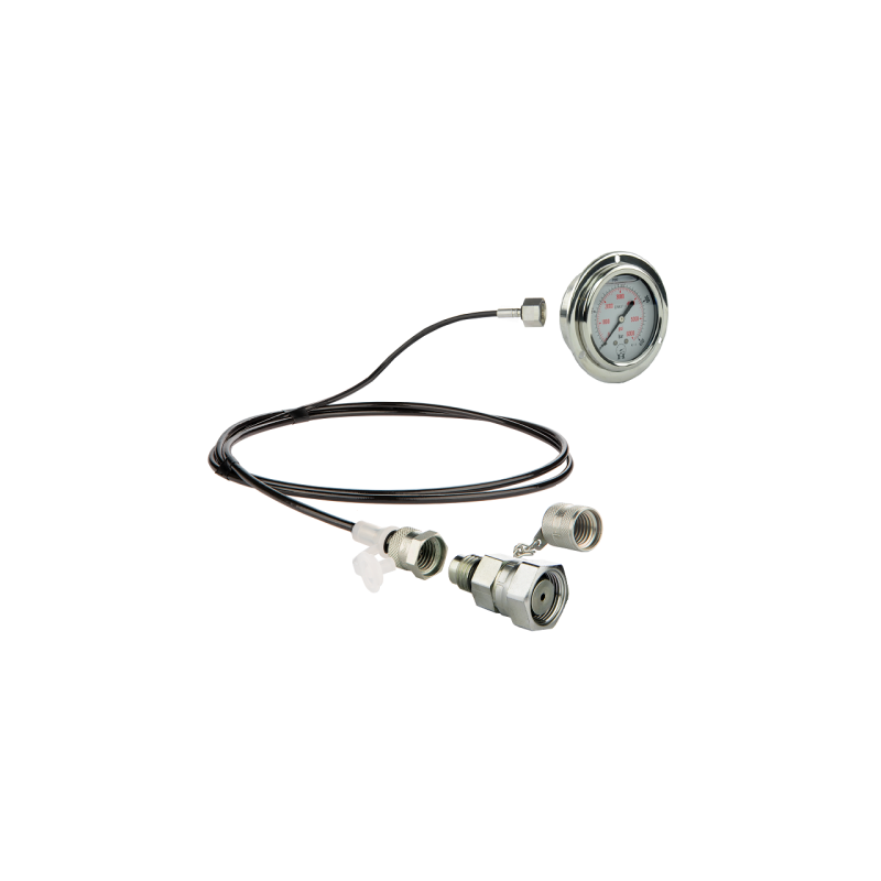 Serviso rinkinys alyvos slėgiui matuoti ir hidraulinės sistemos diagnostikai. 400 barų slėgio matuoklis + 1000 mm žarna su DKOL 