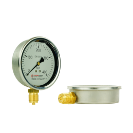 Lenkijoje pagamintas glicerino manometras, kurio ciferblato skersmuo 100 mm, slėgio matavimo diapazonas 0–400 barų