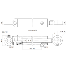Dvigubo veikimo hidraulinio cilindro ilgis: 430 mm, eiga: 200 mm, CJ2F-50/28/200 U30, MTZ C-50