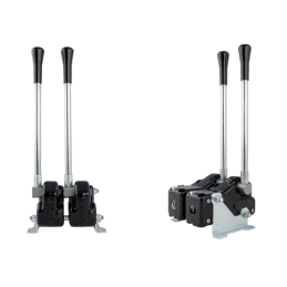 Dvi svirtys, valdančios hidraulinį skirstytuvą, papildomai korpusas su tvirtinimu prie pagrindo