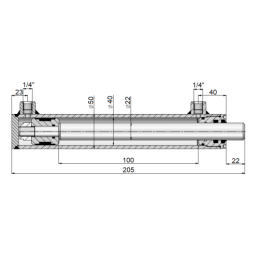 Dvigubo veikimo hidraulinio cilindro ilgis: 205 mm, eiga: 100 mm, 40/22/100 be auselių.