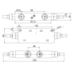 Dvigubo veikimo blokavimo vožtuvas BHB08-107, dvigubo veikimo pavara, fiksavimo sriegis: 3/8", srautas: 60 l/min, maksimalus slė