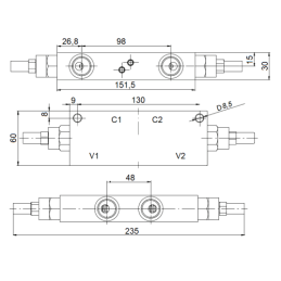 Dvigubo veikimo stabdžių vožtuvas BHB08-108G1/2, dvigubo veikimo cilindras, fiksavimo sriegis: 3/8 colio, srautas: 60 l/min, mak