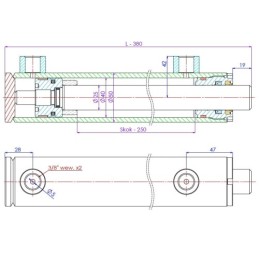 Dvigubo veikimo hidraulinio cilindro ilgis: 380 mm, eiga: 250 mm, CJ2F 40/25/250