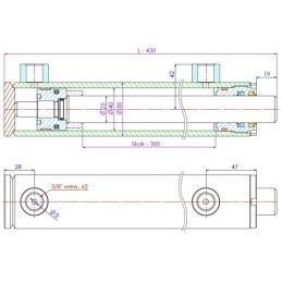 Dvigubo veikimo hidraulinio cilindro ilgis: 430 mm, eiga: 300 mm, CJ2F 40/25/300