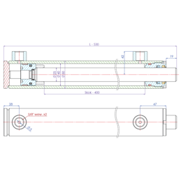 Dvigubo veikimo hidraulinio cilindro ilgis: 530 mm, eiga: 400 mm, CJ2F 40/25/400