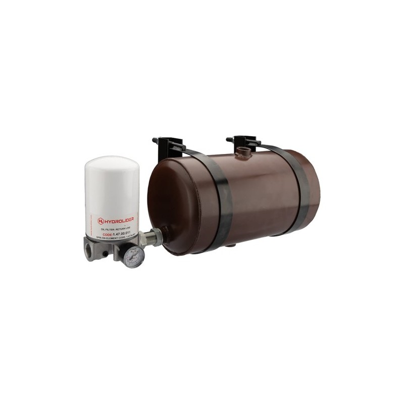 Universalus metalinis hidraulinės alyvos bakas, 10 litrų talpos, statinės tipo, komplektuojamas su grįžtamojo filtro ir 206 mm s