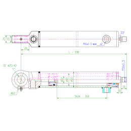 Dvigubo veikimo hidraulinio cilindro ilgis: 338 mm, eiga: 160 mm, nuolat kintama transmisija