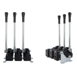 Trys svirtys, valdančios hidraulinį skirstytuvą, papildomai korpusas su tvirtinimu prie pagrindo