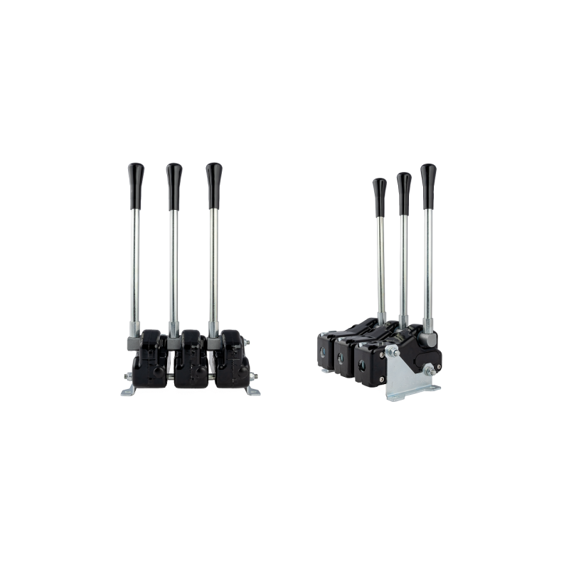 Trys svirtys, valdančios hidraulinį skirstytuvą, papildomai korpusas su tvirtinimu prie pagrindo