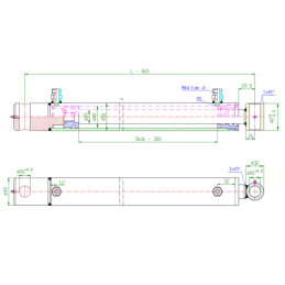 Dvigubo veikimo hidraulinio cilindro ilgis: 465 mm, eiga: 300 mm, CJ2F 40/25/300