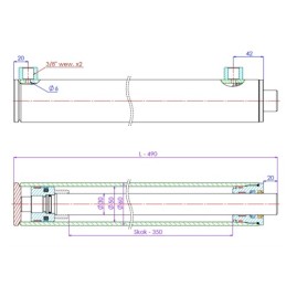 Dvigubo veikimo hidraulinio cilindro ilgis: 490 mm, eiga: 350 mm, 50/30/350 be auselių