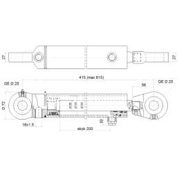 Viengubo veikimo hidraulinio cilindro ilgis: 415 mm, eiga: 200 mm, CJF-50/28/200