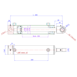 Dvigubo veikimo hidraulinio cilindro ilgis: 400 mm, eiga: 200 mm, CJ2F-60/30/200