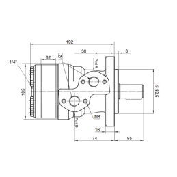BMR hidraulinis variklis, darbinis tūris: 315 cm3/aps., greitis: 195 aps./min., su pastorintu 32 mm velenu