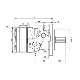 BMR hidraulinis variklis, darbinis tūris: 200 cm3/aps., greitis: 300 aps./min., su 6 peilių velenu