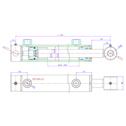Dvigubo veikimo hidraulinio cilindro ilgis: 490 mm, eiga: 300 mm, CJ2F 40/25/300