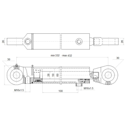 Dvigubo veikimo hidraulinio cilindro ilgis: 332 mm, eiga: 100 mm, CJ2F-50/28/100, L:332, U30W