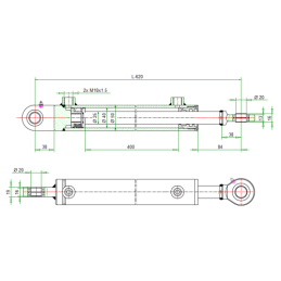 Dvigubo veikimo hidraulinio cilindro ilgis: 620 mm, eiga: 400 mm, CJ2F-40/25/400 U20