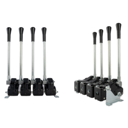 Keturios svirtys, valdančios hidraulinį skirstytuvą, papildomai korpusas su tvirtinimu prie pagrindo