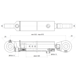 Dvigubo veikimo hidraulinio cilindro ilgis: 552 mm, eiga: 320 mm, CJ2F-50/28/320