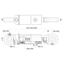 Dvigubo veikimo hidraulinio cilindro ilgis: 535 mm, eiga: 300 mm, CJ2F-50/28/300 U25