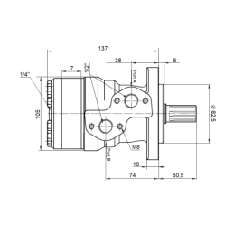 BMR hidraulinis variklis, darbinis tūris: 36 cm3/aps., greitis: 1110 aps./min., su 6 peilių velenu