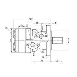BMR hidraulinio variklio darbinis tūris: 250 cm3/aps. Apsisukimai: 240 aps./min. su plokšte ir įvore
