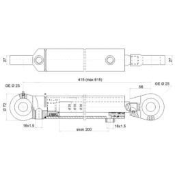 Dvigubo veikimo hidraulinio cilindro ilgis: 415 mm, eiga: 200 mm, CJ2F-50/28/200, komplektuojamas su fiksuojančiu apsauginiu vož
