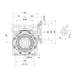 Sliekinis reduktorius elektros varikliui HMRV 63 1:15 IEC80 AC25 B14 W19 K120, atitinkantis NMRV MOTOVARIO.