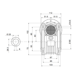 Sliekinis reduktorius elektros varikliui HMRV 63 1:15 IEC80 AC25 B14 W19 K120, atitinkantis NMRV MOTOVARIO.
