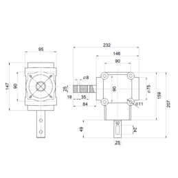 Sustiprinta aliuminio kampinė pavara skirstytuvui L:450