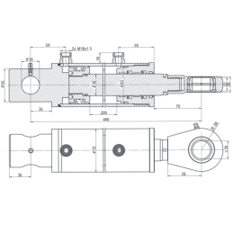 Dvigubo veikimo hidraulinis cilindras krokodilo tipo išmetimui, ilgis: 460 mm, eiga: 220 mm, CJ2F-63/36/220 U30