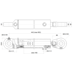 Dvigubo veikimo hidraulinio cilindro ilgis: 442 mm, eiga: 160 mm, CJ2F-63/36/160