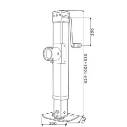 Priekabos atraminė koja su vertikaliu šoniniu švaistikliu, 3000 kg, 624 mm, rankiniu būdu reguliuojama