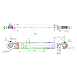 Vienpusio veikimo hidraulinis stūmoklinis cilindras, ilgis: 882 mm, eiga: 630 mm, CN-40/630B
