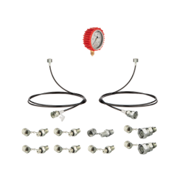 Serviso rinkinys alyvos slėgiui matuoti ir hidraulinės sistemos diagnostikai. 400 barų slėgio matuoklis + dvi 1000 mm žarnos + 9