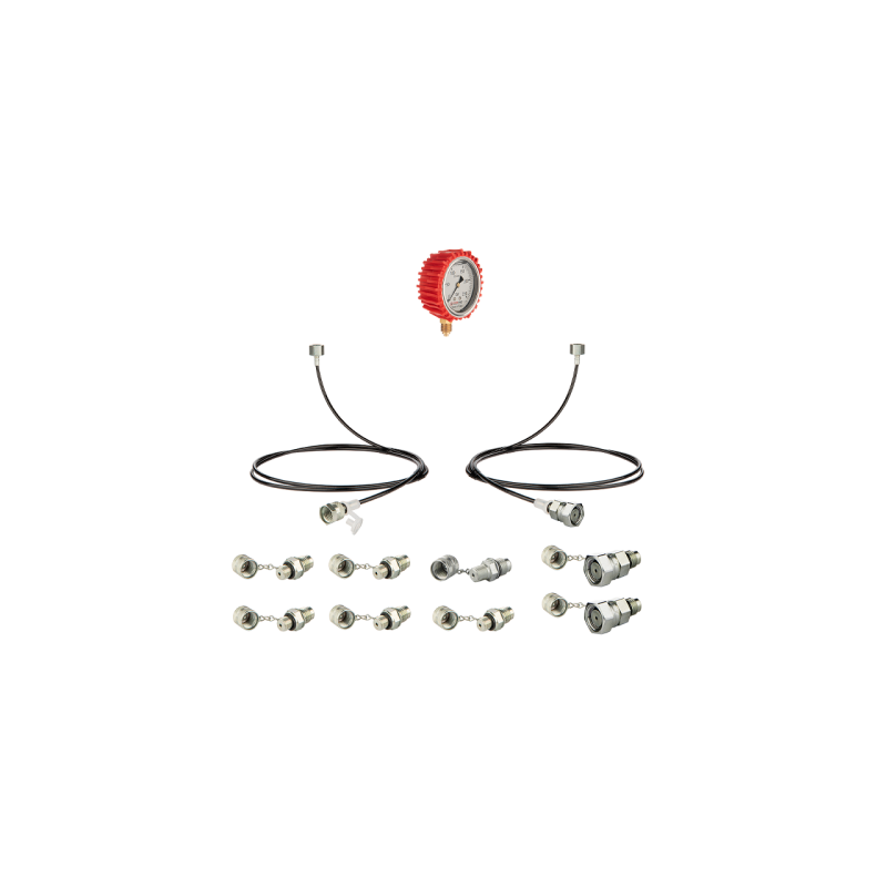 Serviso rinkinys alyvos slėgiui matuoti ir hidraulinės sistemos diagnostikai. 400 barų slėgio matuoklis + dvi 1000 mm žarnos + 9