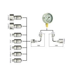Serviso rinkinys alyvos slėgiui matuoti ir hidraulinės sistemos diagnostikai. 400 barų slėgio matuoklis + dvi 1000 mm žarnos + 9