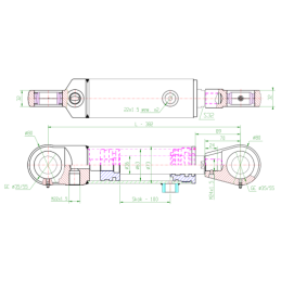 Dvigubo veikimo hidraulinio cilindro ilgis: 382 mm, eiga: 100 mm, CJ2F-63/36/100
