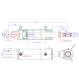 Dvigubo veikimo hidraulinio cilindro ilgis: 700 mm, eiga: 400 mm, CJ2F-63/36/400