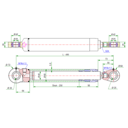 Vienpusio veikimo hidraulinis stūmoklinis cilindras žemės dirbimo agregatui, ilgis: 495 mm, eiga: 250 mm, CN-40/250