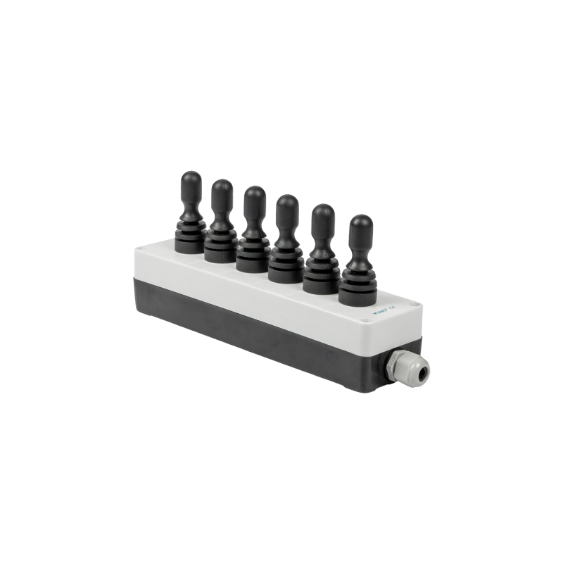 Korpusas su šešiomis trijų padėčių elektrinėmis valdymo svirtimis su spyruokliniu padėties nustatymu