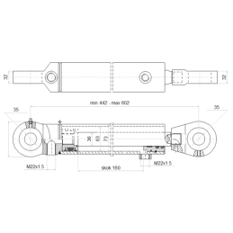 Dvigubo veikimo hidraulinio cilindro ilgis: 442 mm, eiga: 160 mm, CJ2F 63/36/160 su U35 tvirtinimu